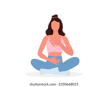 meditating woman and leaves. Concept illustration for yoga, meditation, relaxation, recreation, healthy lifestyle. Vector illustration in flat cartoon style