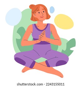 Meditating woman in lotus pose. Mindful, relaxing yoga meditation, female person breath and balance training flat vector illustration on white background
