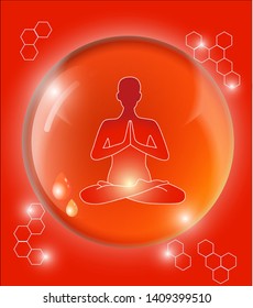 Meditating woman in lotus pose. The root chakra and aura glow. Vector illustration Yoga on red background. Illustration of Zen meditation training. Chakras meditate a person in yoga.  