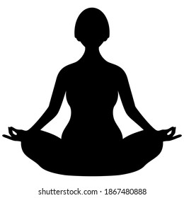Meditating woman in lotus pose, vector silhouette isolated on white background