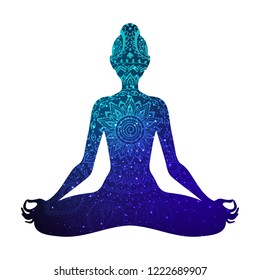 Meditating woman in lotus pose. Yoga illustration. Shiny mandala and stars background.