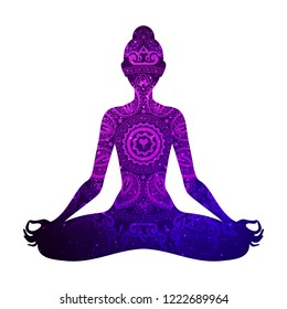 Meditating woman in lotus pose. Yoga illustration. Shiny mandala and stars background.