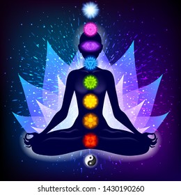 Meditating woman in lotus pose. Yoga illustration. Colorful 9 chakras and aura glow. Sacral lotus flower background.