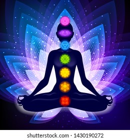 Meditating woman in lotus pose. Yoga illustration. Colorful 7 chakras and aura glow. Sacral lotus flower background.