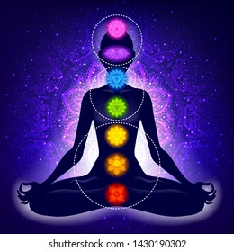 Meditating woman in lotus pose. Yoga illustration. Colorful 7 chakras and aura glow. Mandala background. Three chakras types grouped in circles.