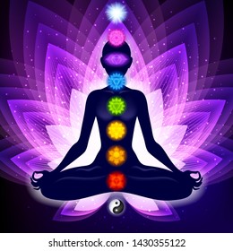 Meditating woman in lotus pose. Yoga illustration. Colorful 9 chakras and aura glow. Sacral lotus flower background.