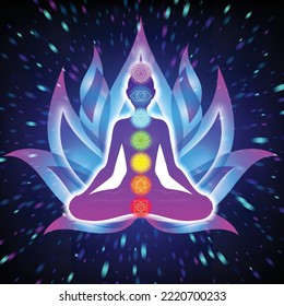 Meditating Woman In Lotus Pose. Yoga Illustration. Colorful 9 Chakras And Aura Glow. Sacral Lotus Flower Background.