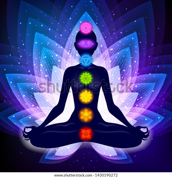 Meditating woman in\
lotus pose. Yoga illustration. Colorful 7 chakras and aura glow.\
Sacral lotus flower\
background.