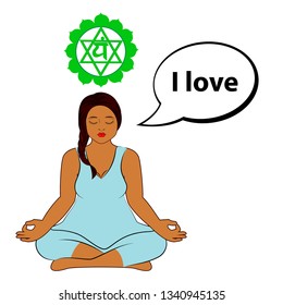 Meditating woman. I love - affirmation for chakra Anahata. Vector illustration isolated on white background.