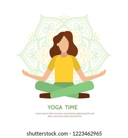 Meditating woman with mandala isolated on white background. Banner with text area for yoga center. Flat vector illustration. 
