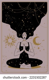 Meditating woman, mental balance, esoteric teachings, development of intuition and channeling. Vector illustration.