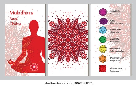 Meditating woman. Muladhara chakra affirmation. Vector illustration