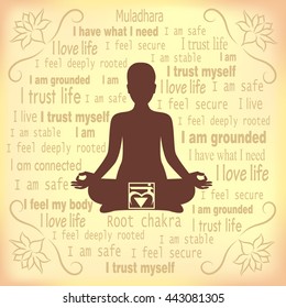 Meditating woman. Muladhara chakra affirmation.