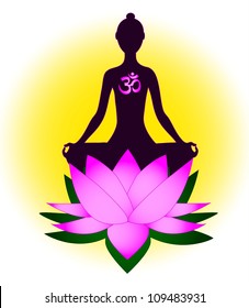 Meditating woman with om symbol and lotus