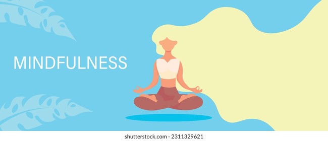 Meditating woman on blue background. Mindfulness concept