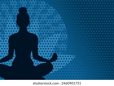 Meditating woman on blue background. Mental health, peace, meditation - vector illustration with blank space	