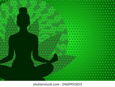 Meditating woman on green background. Mental health, peace, meditation - vector illustration with blank space	