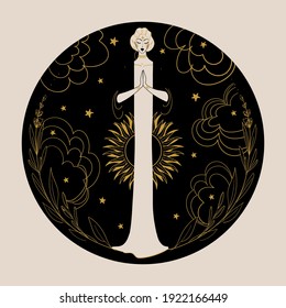 Meditating woman on a night background with the moon, sun, stars and clouds in a round frame. The concept of the mother goddess, spirituality, intuition, esotericism. Vector hand drawn illustration.