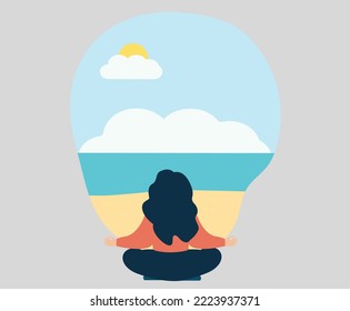 A meditating woman practices yoga on the beach. Calm female in lotus pose doing breathing exercises in front of a nature view. Mindfulness, Zen, Guided Meditation, Landscape, Harmony Concept. 