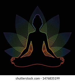 Meditating woman with rainbow aura in lotus pose. Yoga illustration. Colorful sacral lotus flower background.