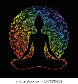 Meditating woman with rainbow aura in lotus pose. Yoga illustration. Colorful mandala background.