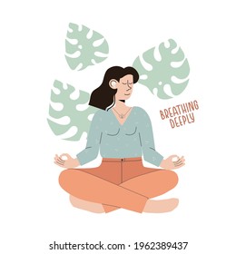 Meditating woman . Relax girl with pendent in flat style. Floral background. Vector Illustration for sport and healthy life.