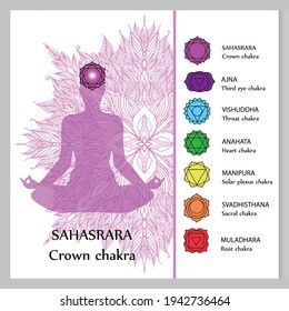 Meditating woman. Sahasrara chakra affirmation. Vector illustration