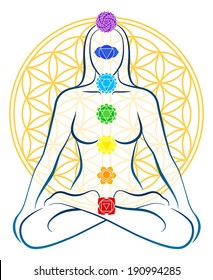 Meditating woman with the seven main chakras, which match perfectly onto the junctions of the Flower-of-Life-Symbol in the background.