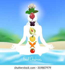 Meditating woman silhouette with food chakras symbols vector illustration
