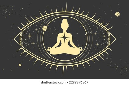 Meditating woman silhouette inside the all seeing eye. Modern magic witchcraft astrology background. Vector illustration