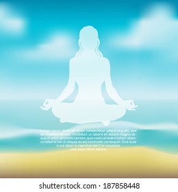 Meditating woman silhouette on a blurred beach background vector illustration