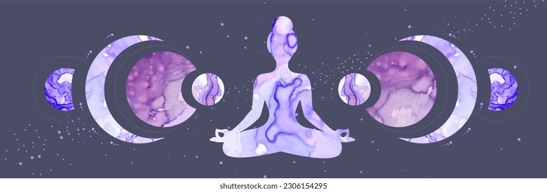 Meditating woman silhouette on outer space background. Alcohol ink vector illustration