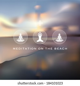 Meditating woman silhouettes on a blurred beach background vector illustration