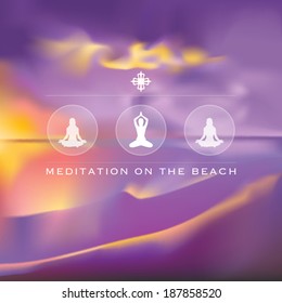 Meditating woman silhouettes on a blurred beach background vector illustration