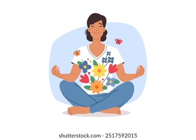 A mulher de meditação senta-se na posição de lótus de ioga e sente conforto psicológico e flores florescendo na alma. A senhora meditadora está interessada em práticas budistas que ajudam a melhorar o bem-estar mental.