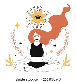 Meditating woman sitting in lotus pose in boho style with celestial bodies, mystic and floral elemets. Concept of spirituality, third eye, magic, zen for logo, emblem, print design.