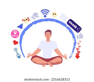 Meditating woman sitting in lotus position flat style, vector illustration isolated on white background. Round barrier from social media signs, digital detox concept, resting character