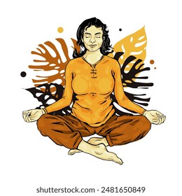 Meditating woman sitting in lotus position against a background of tropical monstera leaves

