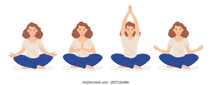 Meditierende Frau sitzt in Yoga Lotus Pose. Cartoon Weibchen wurde zu Charakter meditiert in Lotus Pose. Medizin, Stresslinderung und gesunder Lebensstil, flacher Vektorgrafik-Set