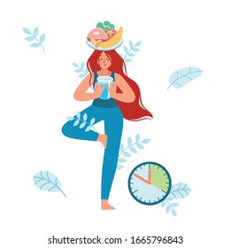 Meditating Woman, Stand Balanced In  Tree Pose, Holding A Glass Of Water In Her Hands, And A Plate With Healthy Food On Her Head. Waiting For Time To Eat. Intermittent Fasting. Yoga. Patience.