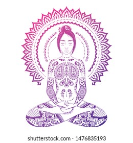Meditating woman tribal ornamental tattooes in lotus pose. Yoga illustration. Mandala background.