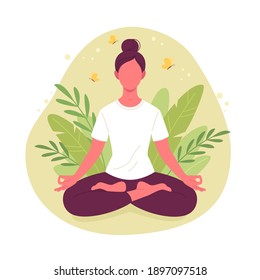 Meditating woman. Vector illustration of cartoon young brunette woman in white t-shirt sitting in yoga lotus position surrounded by plant leaves