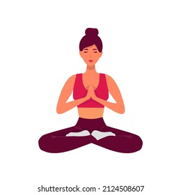 meditating woman. Vector illustration of cartoon young woman sitting in yoga lotus position surrounded by plant leaves. yoga lotus pose, women wellness concept. flat isolated on white.