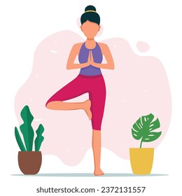 Meditating woman. Vector illustration of cartoon young brunette woman