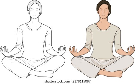 meditating woman vector line illustration