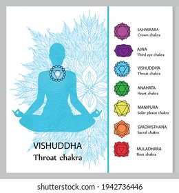 Meditating woman. Vishuddha chakra affirmation. Vector illustration