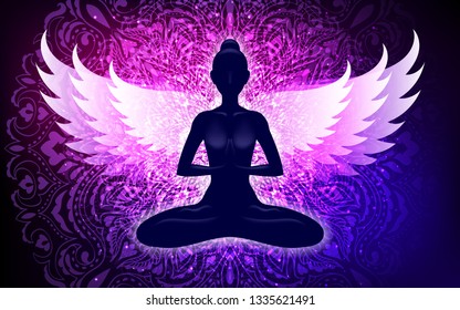 Meditating woman with wings in lotus pose. Yoga illustration. Mandala background.
