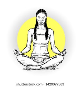 A meditating woman in a zen state of mind. Hand drawn vector illustration. 