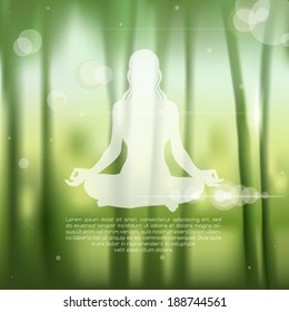 Meditating woman's silhouette over a blurred tropical bamboo forest background vector illustration