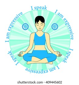 Meditating women. Vishuddha chakra activation. I speak.I am expressive.